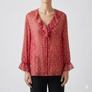 vintage ​April Cornell Large  Blouse Red Floral Ruffle V-Neck Long Sleeve Sheer